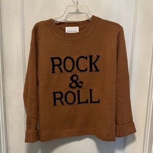 Panache Apparel Cognac Rock & Roll Graphic Knitted Crochet Sweater Small